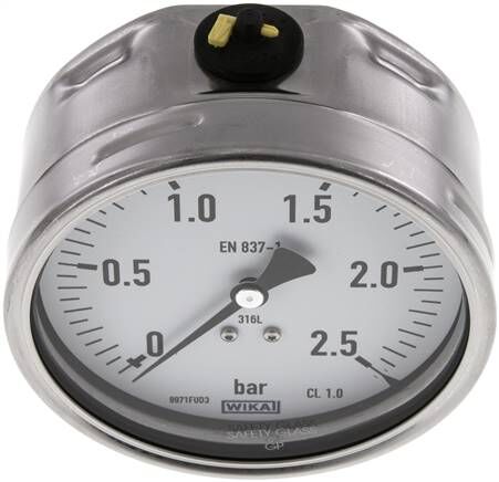 Chemie-Manometer waagerecht, 100mm, 0 - 2,5 bar