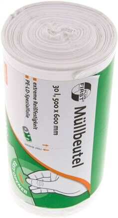 Sacco per rifiuti, 30 litri, bianco, 50s, LD-PE, 12µm