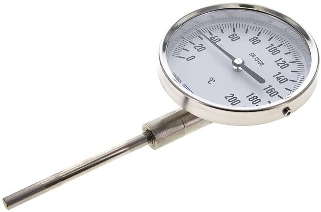 Termometro bimetallico, verticale D100/0 a +200°C/100mm, acciaio inox