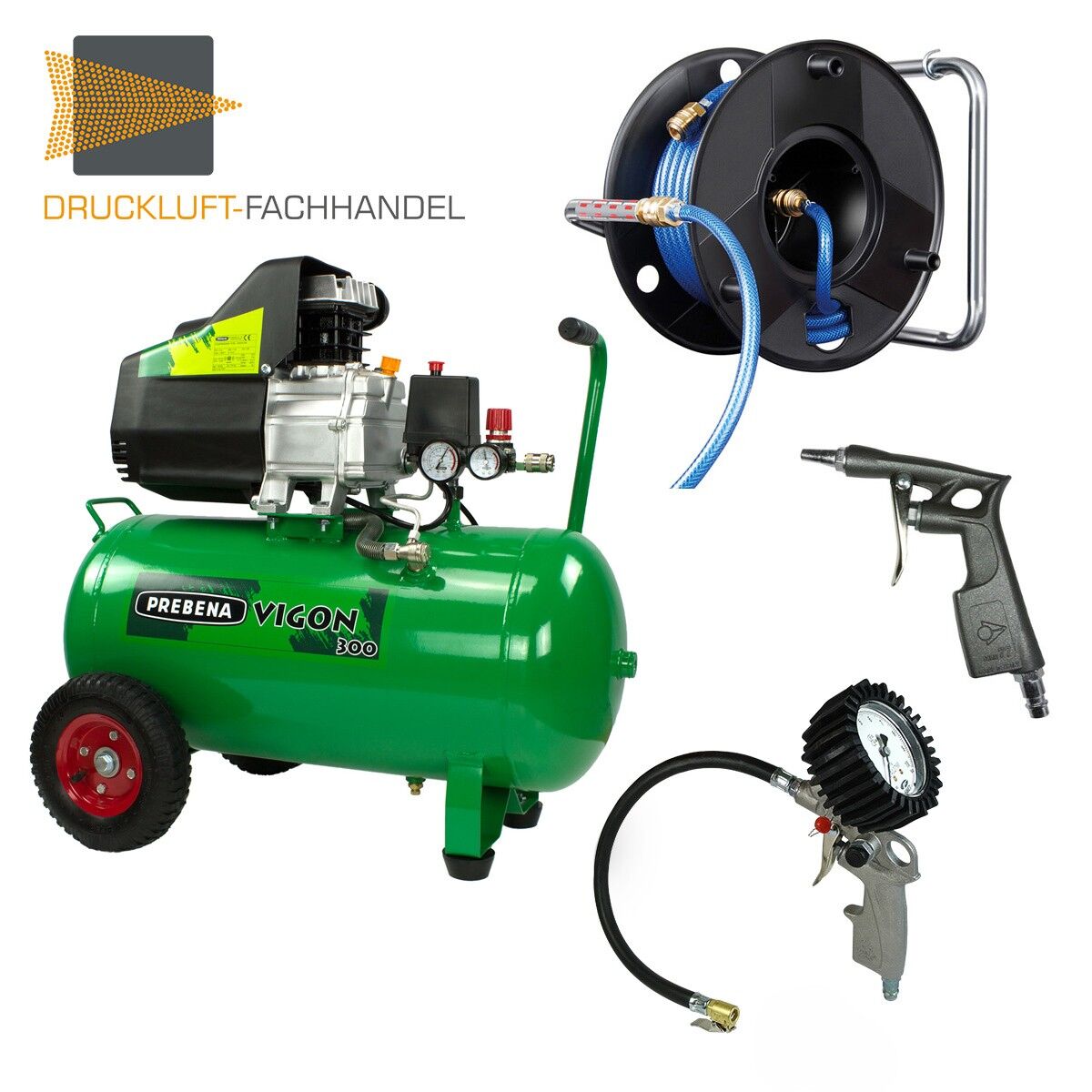 OFFERTA Compressore Prebena Vigon 300 + Avvolgitubo antitorsione + Gonfiatore calibrato per pneumatici + Pistola di soffiaggio