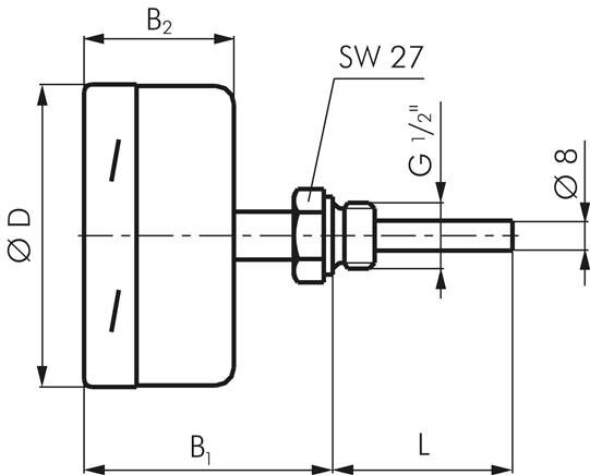 Thermomètre bimétallique, horizontal D63/-30 à +50°C/100mm, acier inoxydable pour fluides agressifs