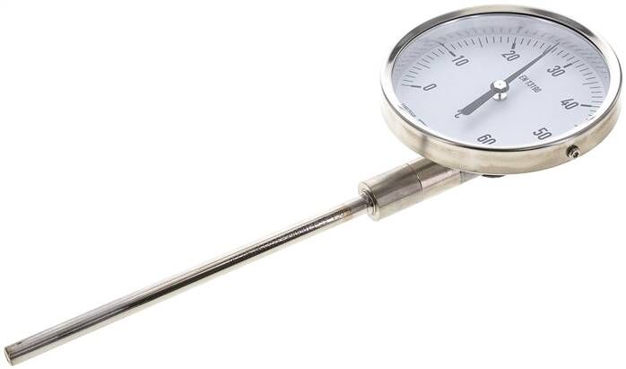 Termometro bimetallico, verticale D100/0 a +60°C/160mm, acciaio inox