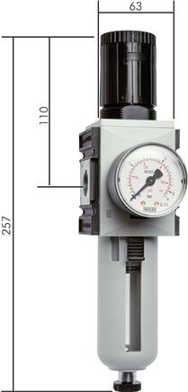 FUTURA Filterregler, G 1/2", 0,1 - 1 bar, Baureihe 2, Metallbehälter mit Sichtrohr