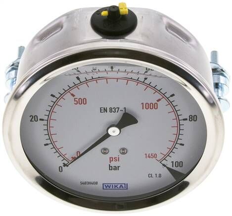 Glycerin-Einbaumanometer, 3kt-Frontring, 100mm, 0 - 100 bar