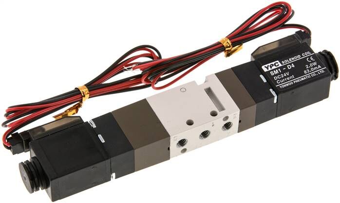 5/3-Wege Magnetventil, M 5, Mittelstellung geschlossen, 24 V=, Stecker SY100, mit LED inkl. 600 mm Kabel